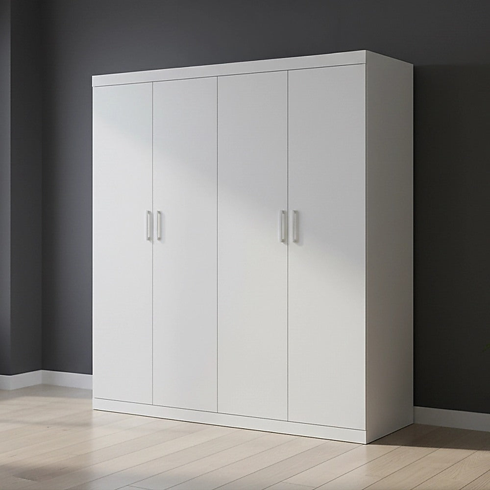 4 Door Wardrobe in White Gloss – Hanging Rail, Shelves & White Handles