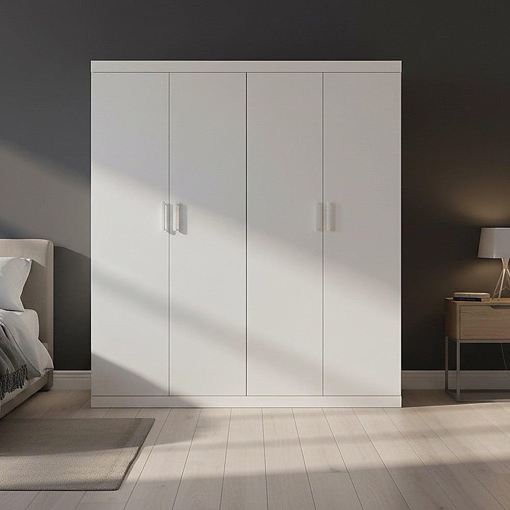4 Door Wardrobe in White Gloss – Hanging Rail, Shelves & White Handles