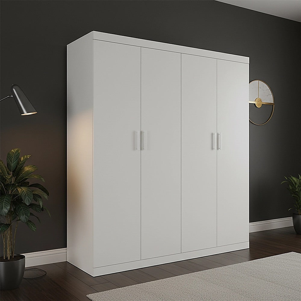 4 Door Wardrobe in White Gloss – Hanging Rail, Shelves & White Handles