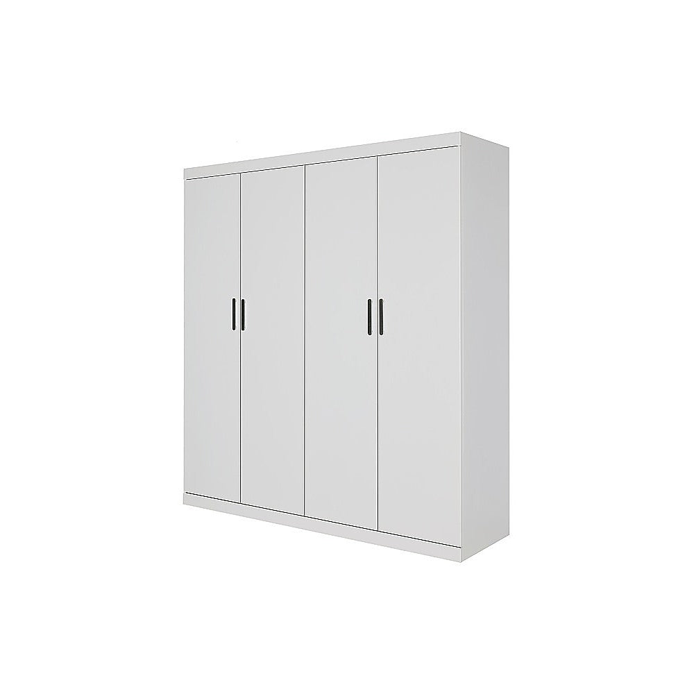 4 Door Wardrobe in White Gloss – Hanging Rail, Shelves & Black Handles