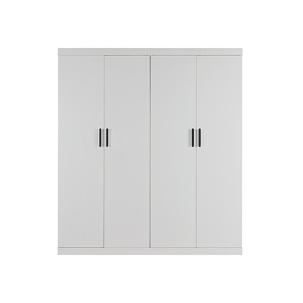 4 Door Wardrobe in White Gloss – Hanging Rail, Shelves & Black Handles