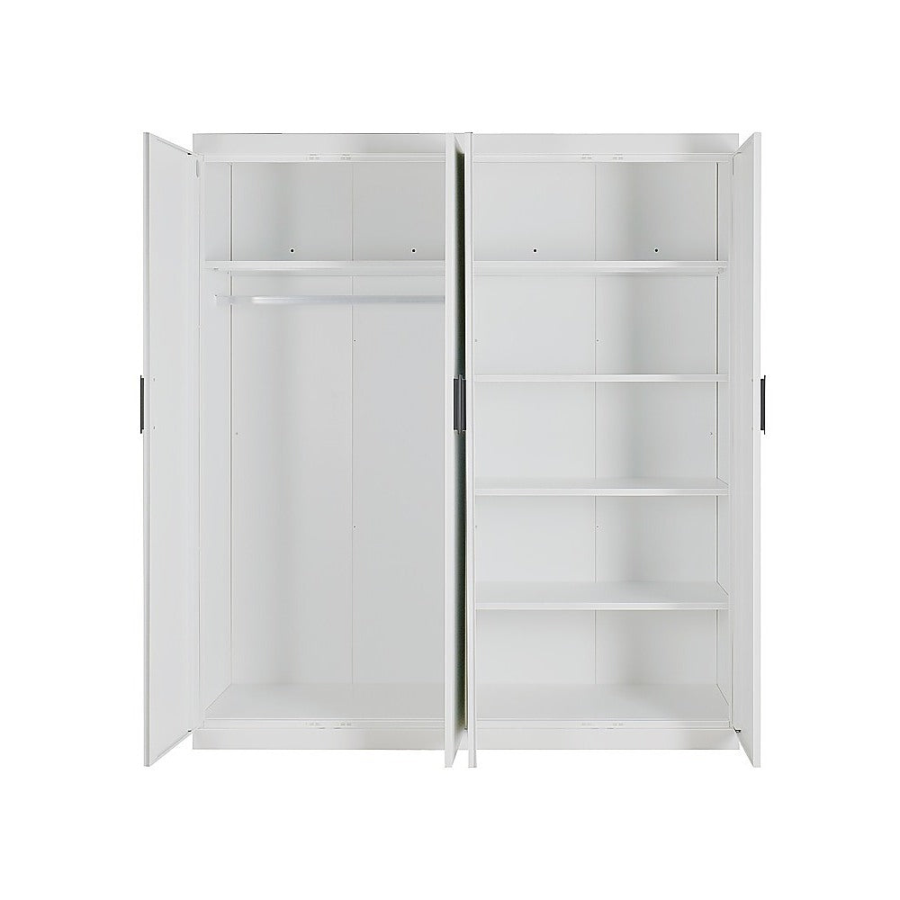4 Door Wardrobe in White Gloss – Hanging Rail, Shelves & Black Handles