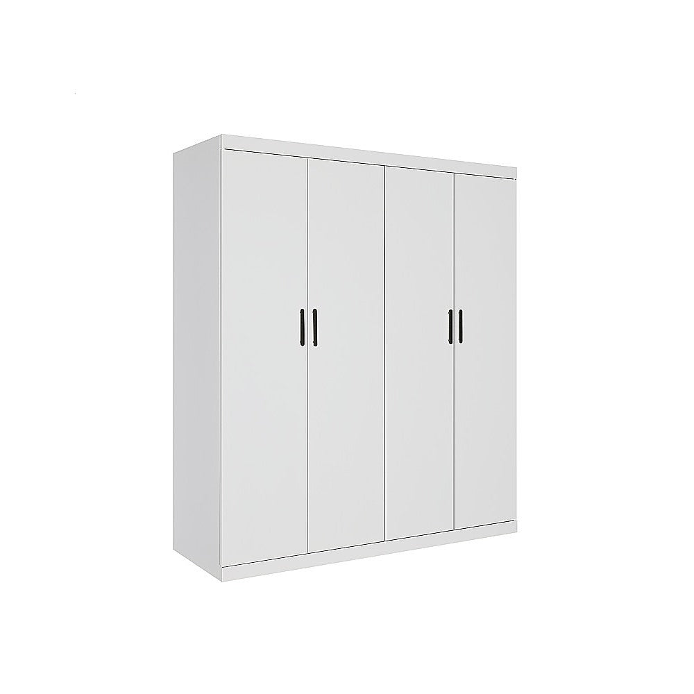 4 Door Wardrobe in White Gloss – Hanging Rail, Shelves & Black Handles
