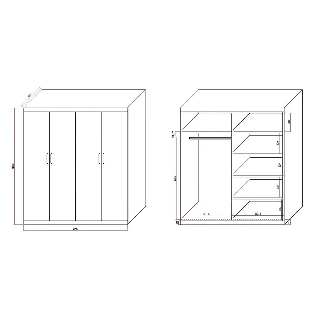4 Door Wardrobe in White Gloss – Hanging Rail, Shelves & Black Handles