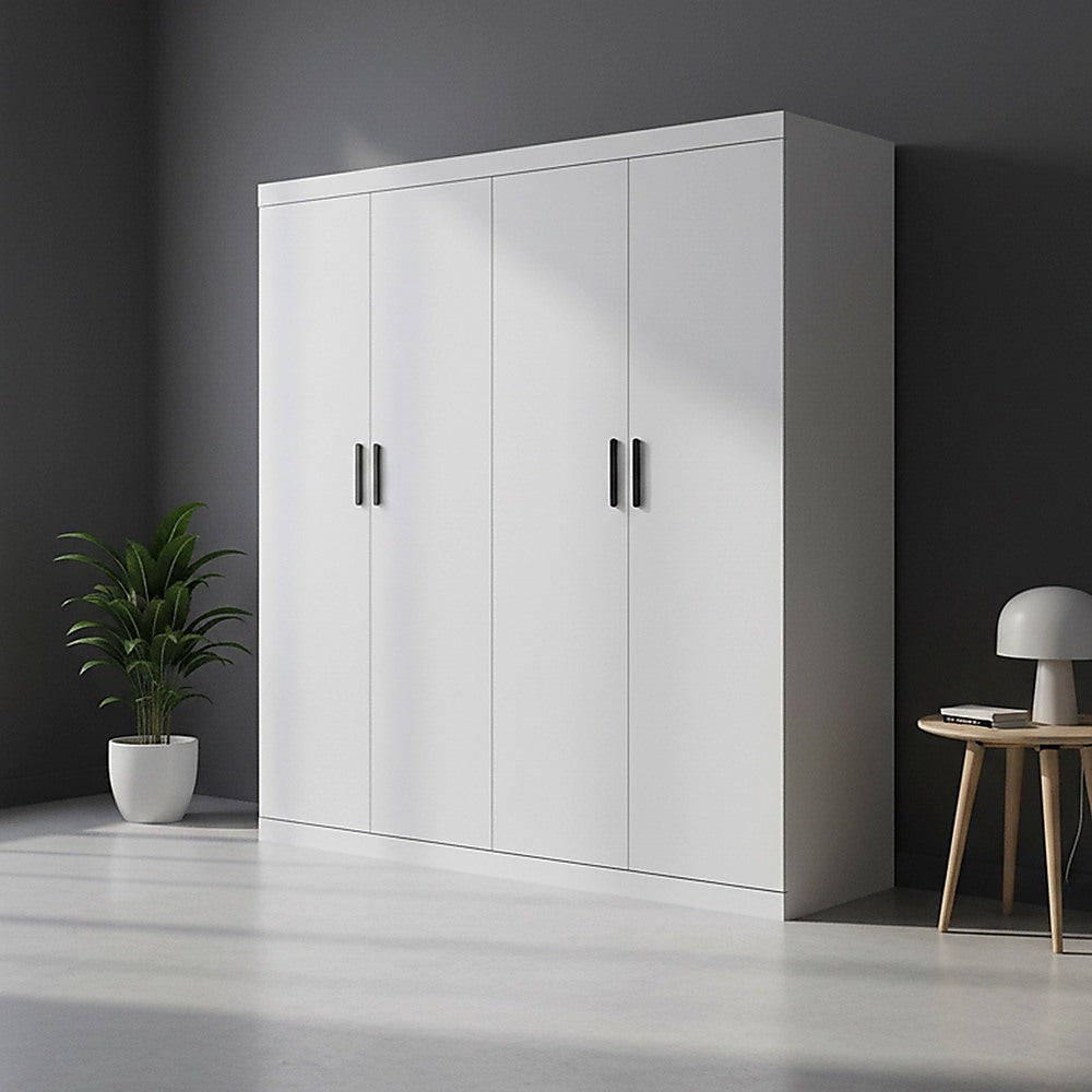 4 Door Wardrobe in White Gloss – Hanging Rail, Shelves & Black Handles