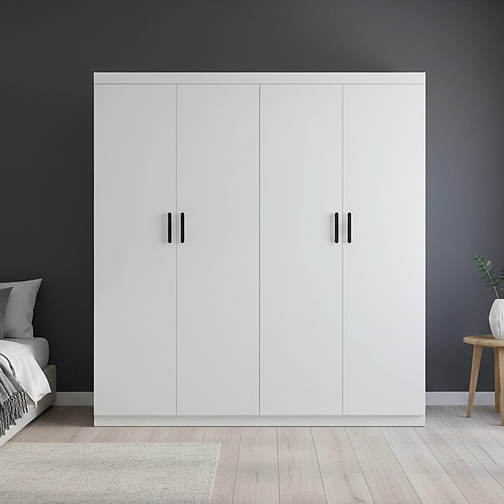 4 Door Wardrobe in White Gloss – Hanging Rail, Shelves & Black Handles
