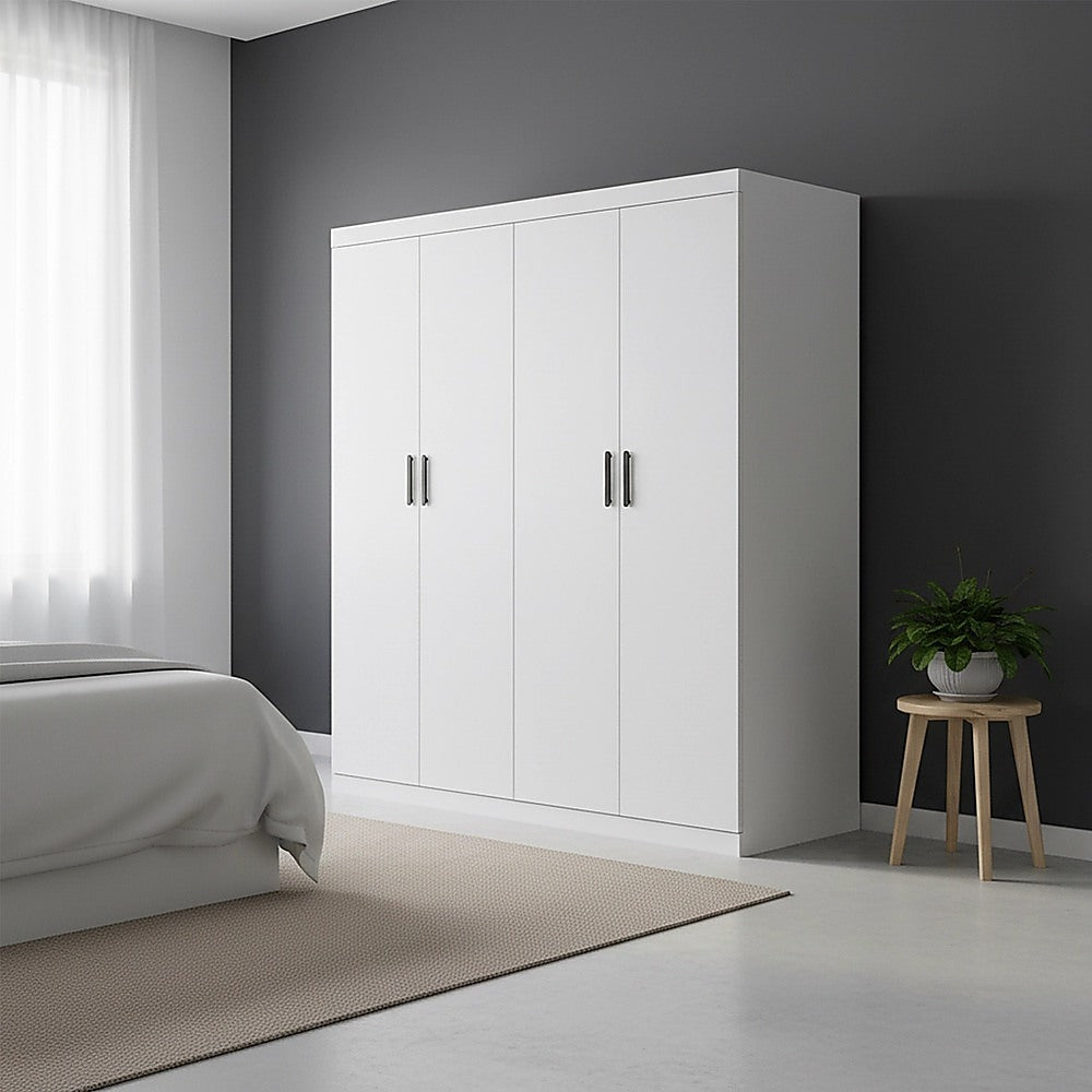 4 Door Wardrobe in White Gloss – Hanging Rail, Shelves & Black Handles