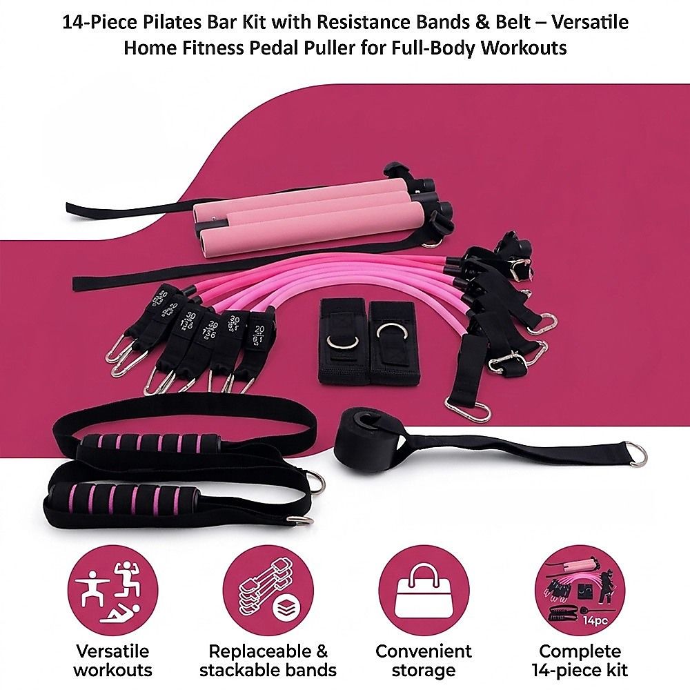 14pc Pilates Bar Kit with Resistance Bands & Belt – Multifunctional Fitness Pedal Puller for Home Workout