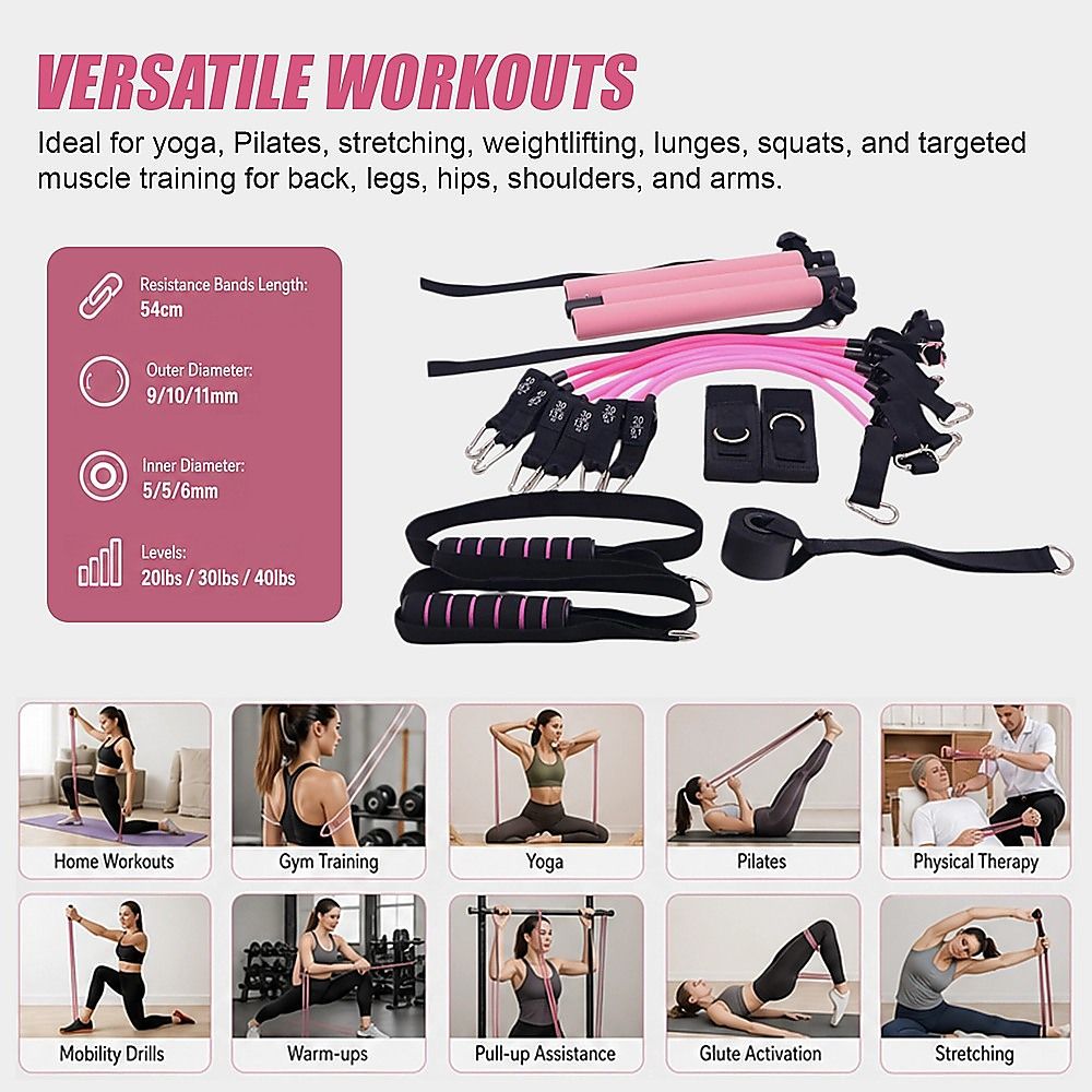 14pc Pilates Bar Kit with Resistance Bands & Belt – Multifunctional Fitness Pedal Puller for Home Workout