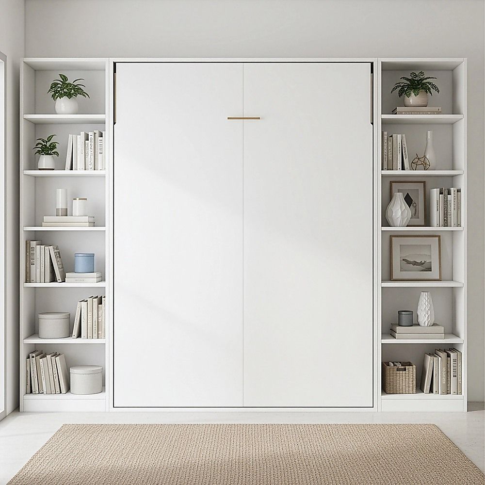 Queen Wall Bed in White – Space Saving Murphy Bed Kit with Black Door Handle