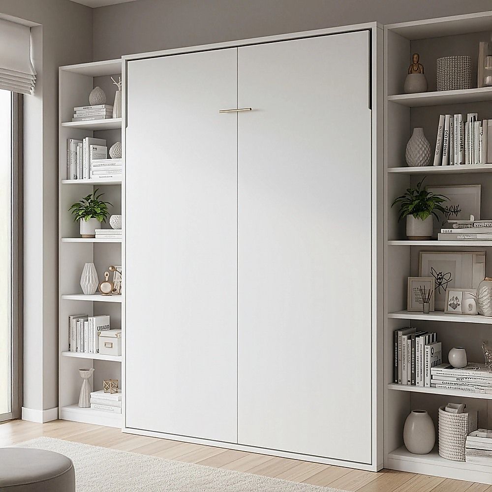 Queen Wall Bed in White – Space Saving Murphy Bed Kit with Black Door Handle