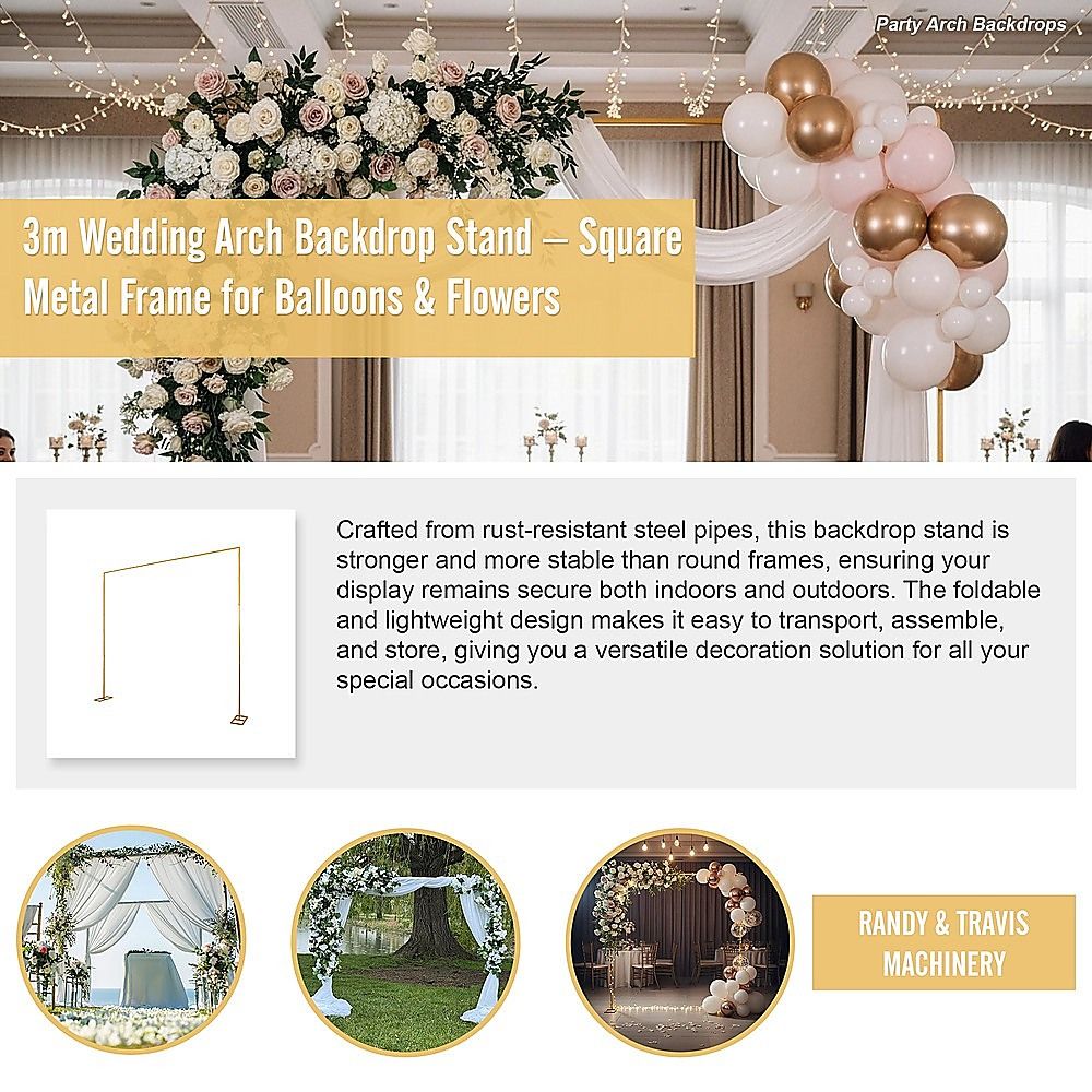 3m Wedding Arch Backdrop Stand – Square Metal Frame for Balloons & Flowers