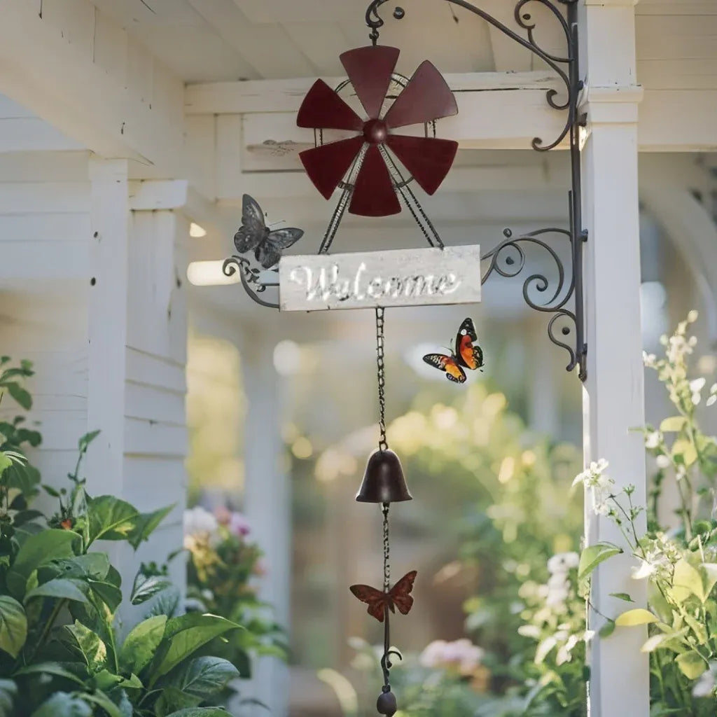 Hanging Welcome Windmill w Bell + Butterflies 88cm