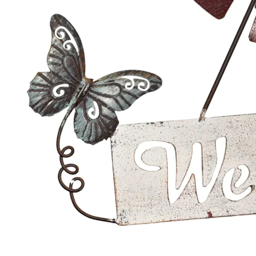 Hanging Welcome Windmill w Bell + Butterflies 88cm