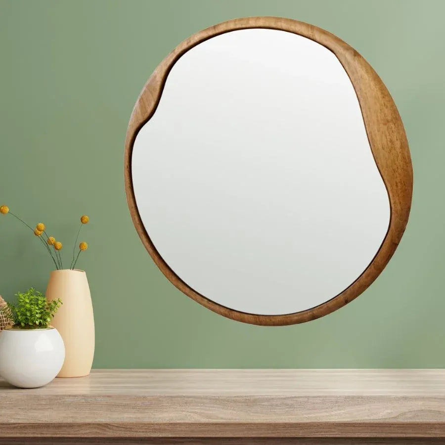Mid Century Asymmetric Wood Framed Wall Mirror 60x60cm
