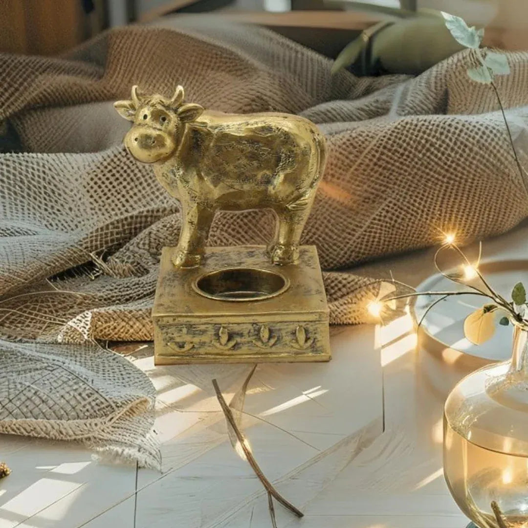 Antique Gold Cow Tealight Candle Holder 11cm