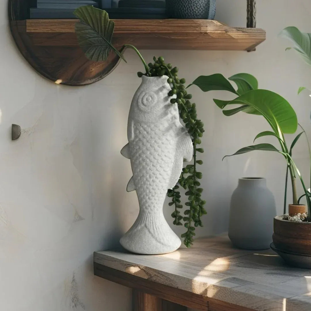 Contemporary White Fish Vase / Ornament 24cm