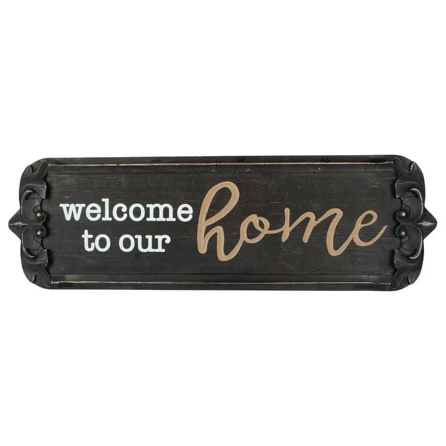 Nero 'Welcome to Our Home' Carved Wall Art 80x25cm