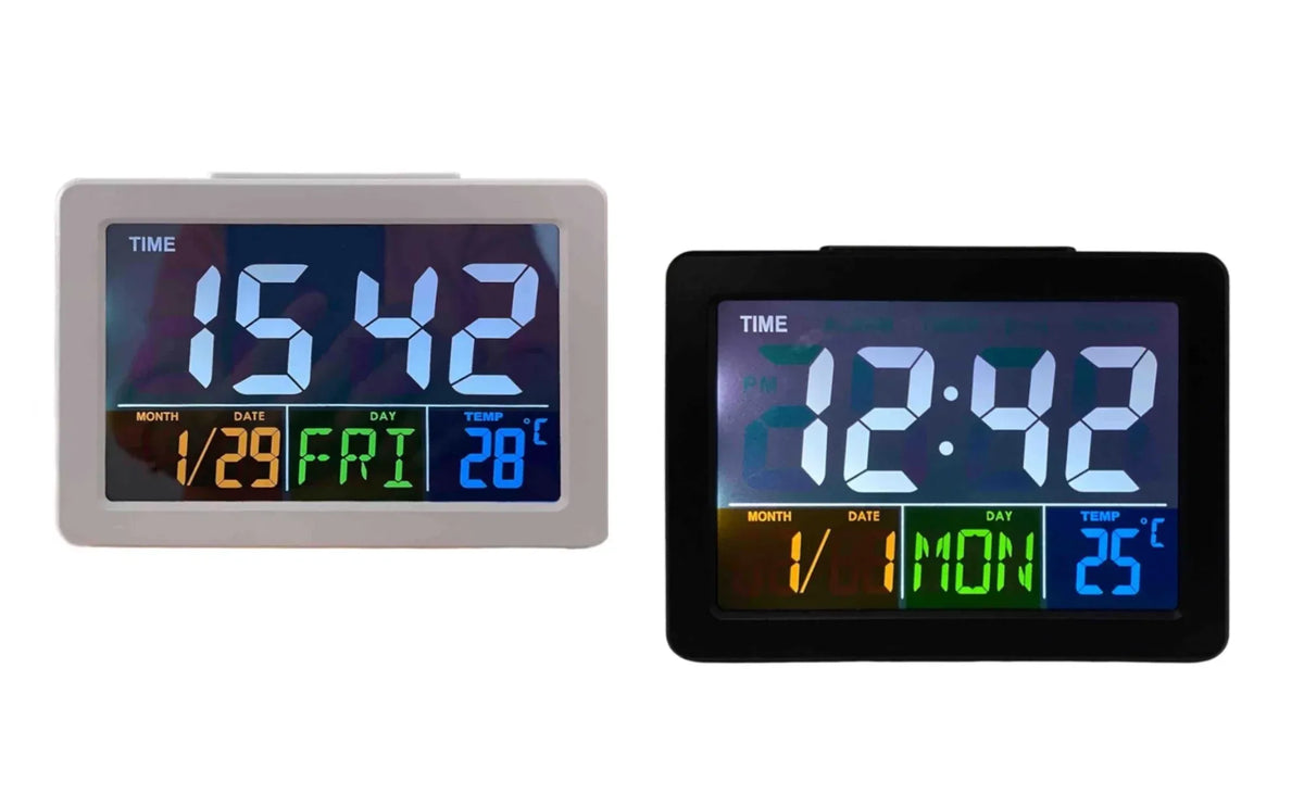 Bulk 12 Multifunction Digital Table Clock 14.2x5.4x10.9cm 2 Asst