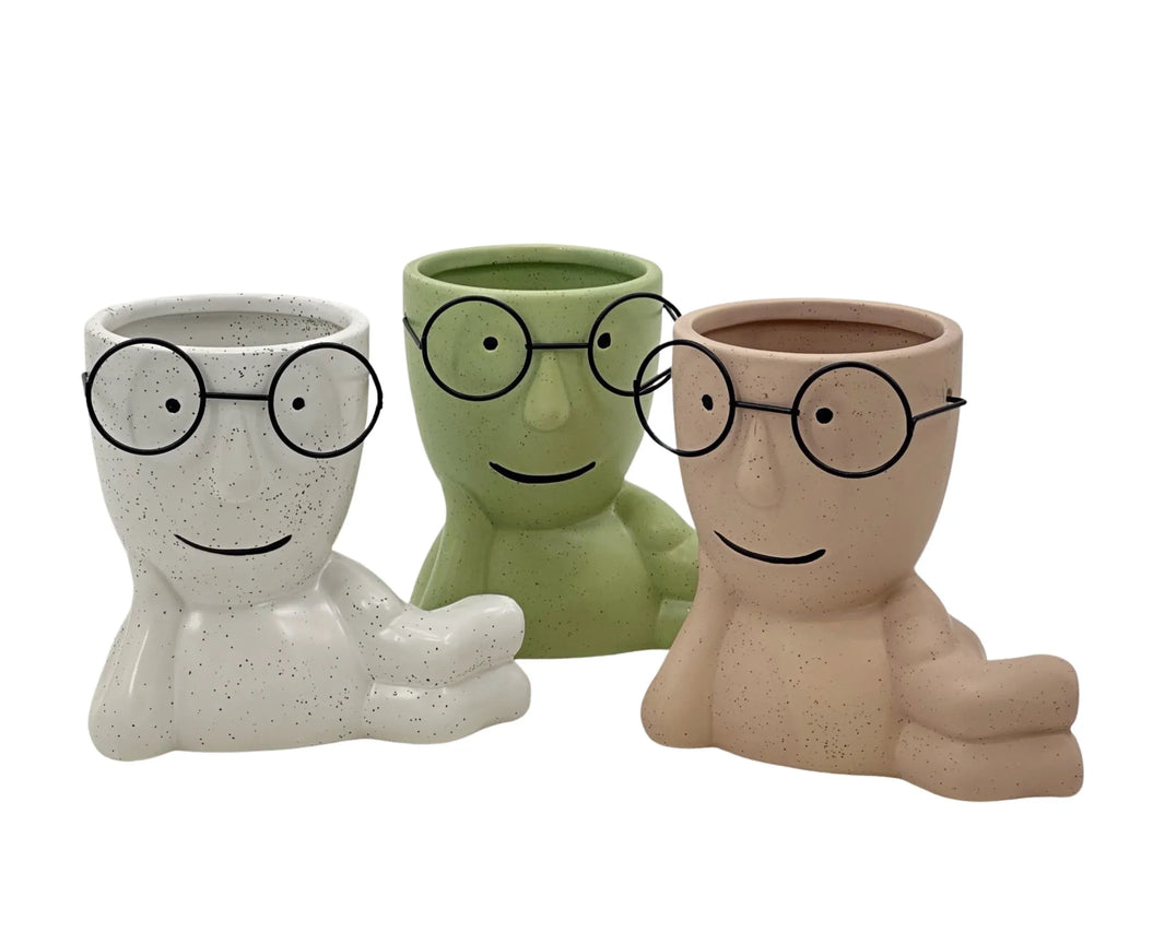 Set 3 Lay On Side Ceramic Pot w Metal Glasses 16x15cm