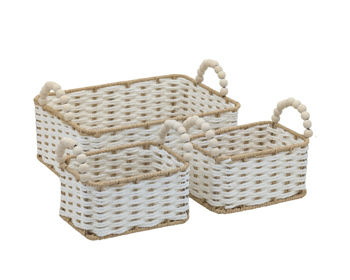 Bulk 4 Natural & White Paper Rope Basket W Bead Handle 32x23x12/18h