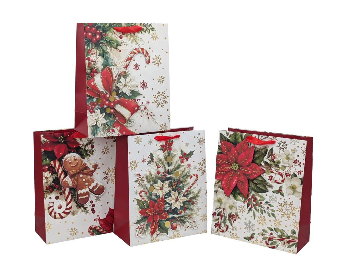 Bulk 48 3d Foiled Traditional Xmas Bag Btl 36x12x10cm 4 Asst