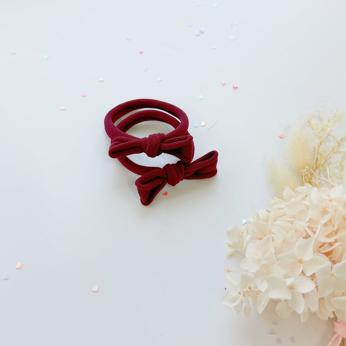 Handmade Simple Bow metal free hair ties -Mustard - 1 Pairs - Maroon