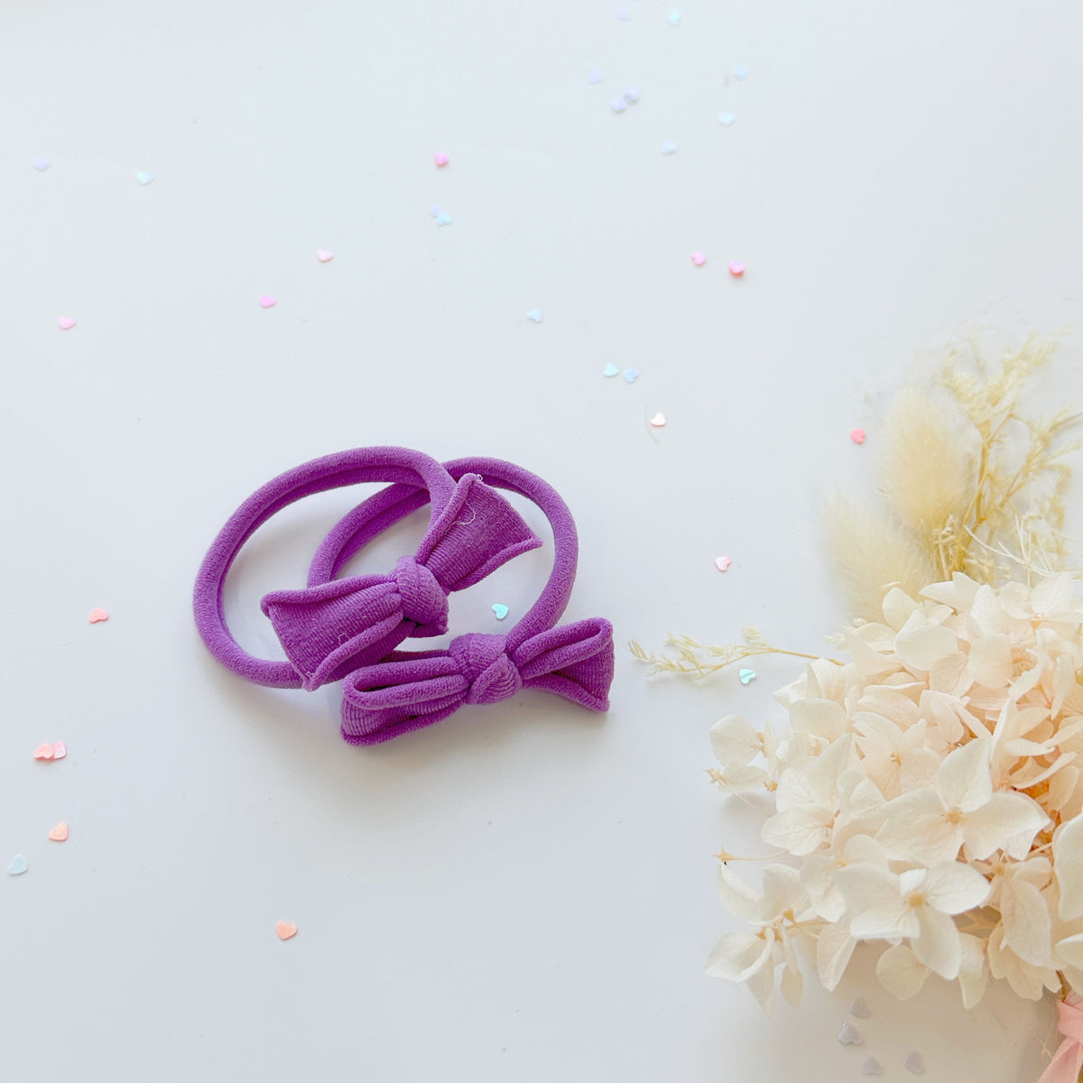 Handmade Simple Bow metal free hair ties - Candy - 1 Pairs - Pastel Pink