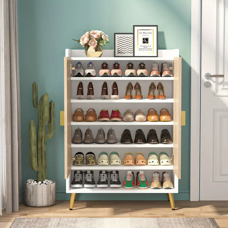 Shoe Storage Cabinet 7-Tier with Adjustable Shelves - Wood & Gold NNETMLT