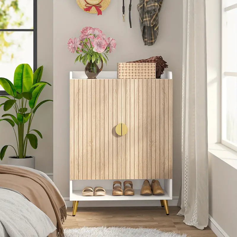 Shoe Storage Cabinet 7-Tier with Adjustable Shelves - Wood & Gold NNETMLT