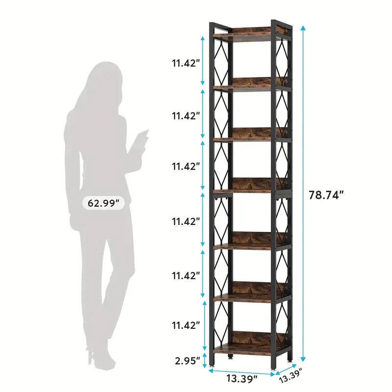 Extra Tall Skinny Bookcase 78.7 Inch 7-Tier - Rustic Brown NNETMLT