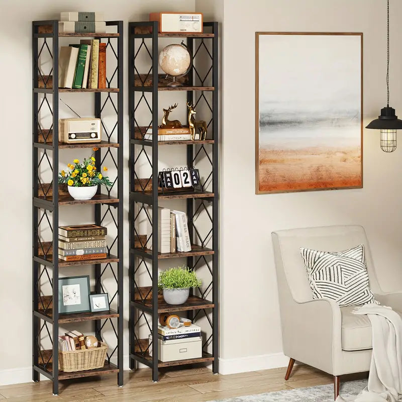 Extra Tall Skinny Bookcase 78.7 Inch 7-Tier - Rustic Brown NNETMLT