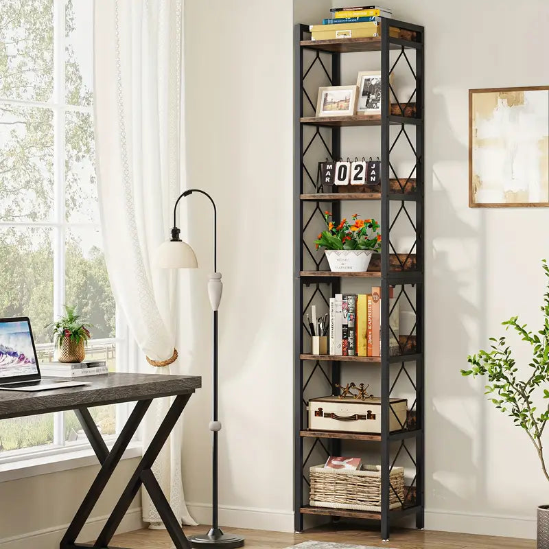 Extra Tall Skinny Bookcase 78.7 Inch 7-Tier - Rustic Brown NNETMLT