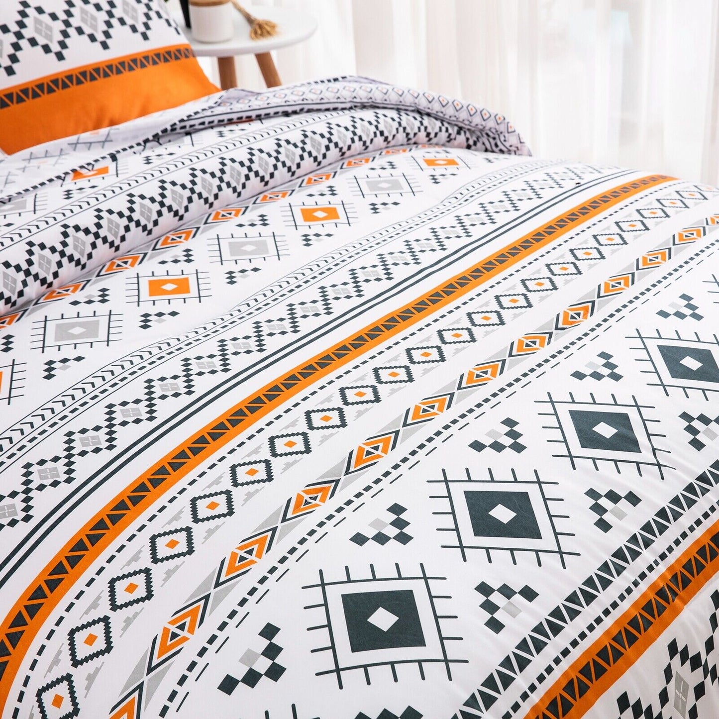 Boho Comforter Set, Queen Size, Reversible Orange Geometric 3-Piece Bedding Collection