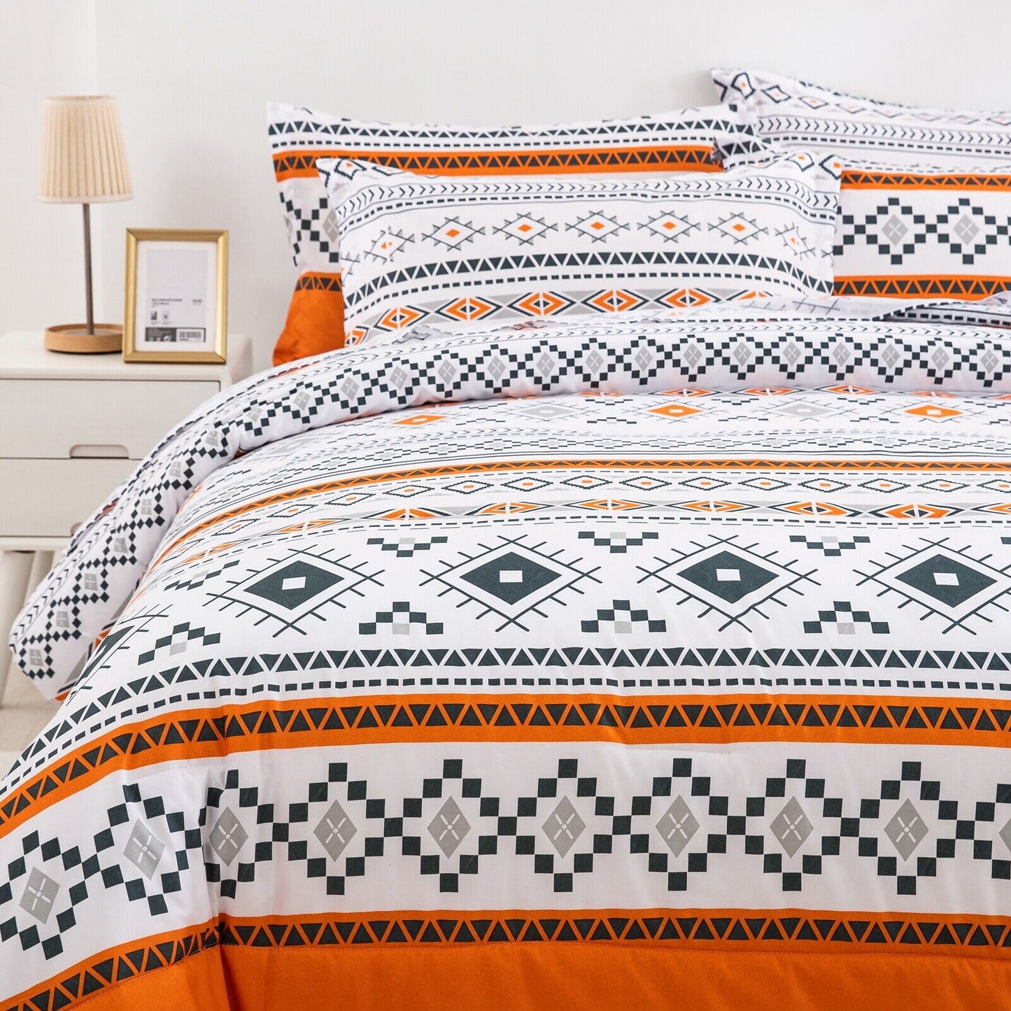 Boho Comforter Set, Queen Size, Reversible Orange Geometric 3-Piece Bedding Collection