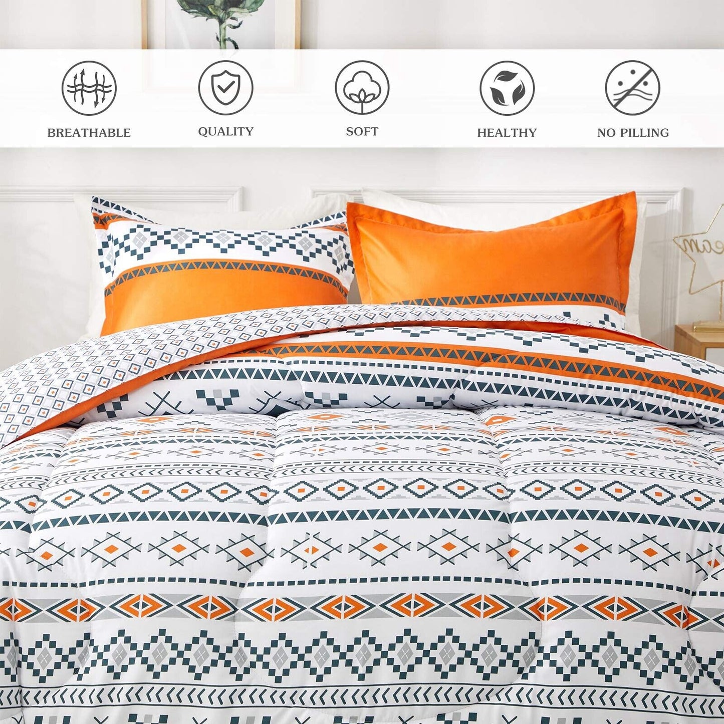 Comforter Set Boho King Size Reversible Orange Geometric 3-Piece Bedding Collection