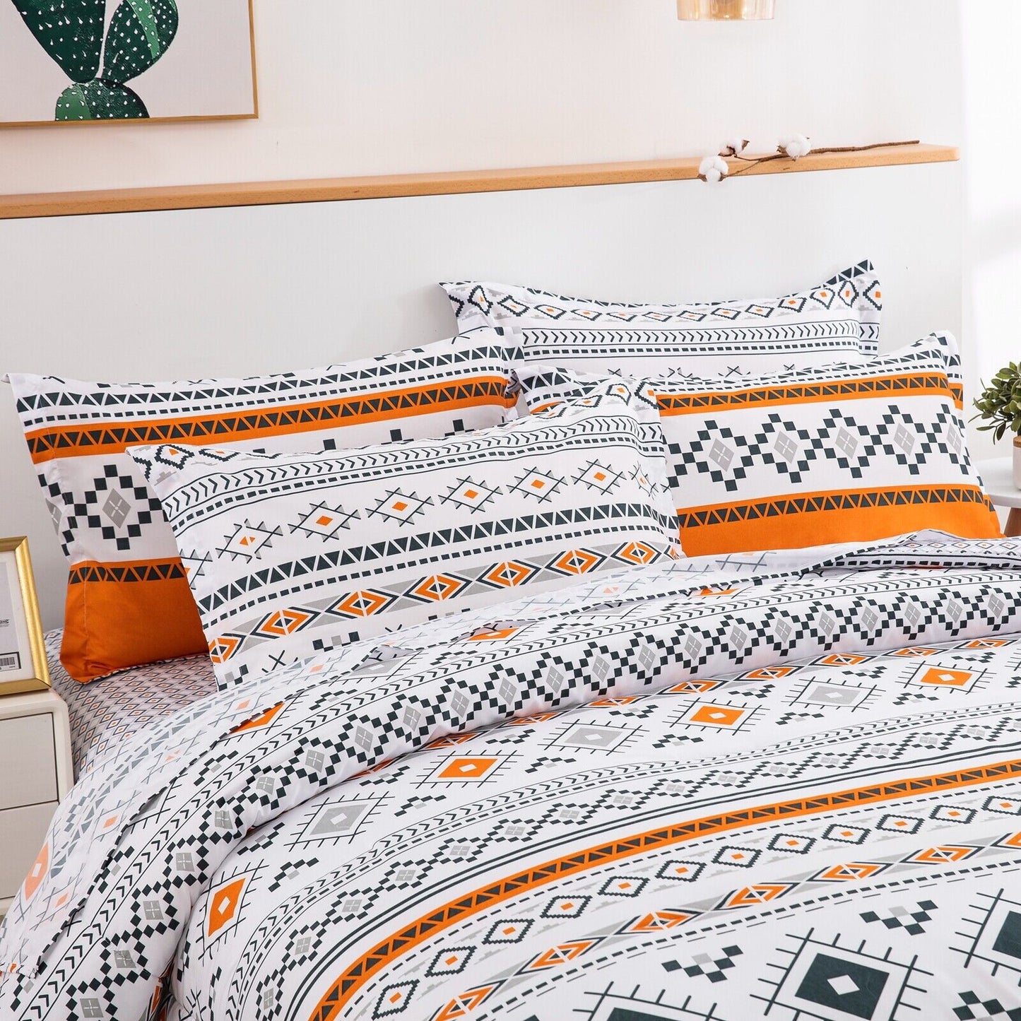 Comforter Set Boho King Size Reversible Orange Geometric 3-Piece Bedding Collection