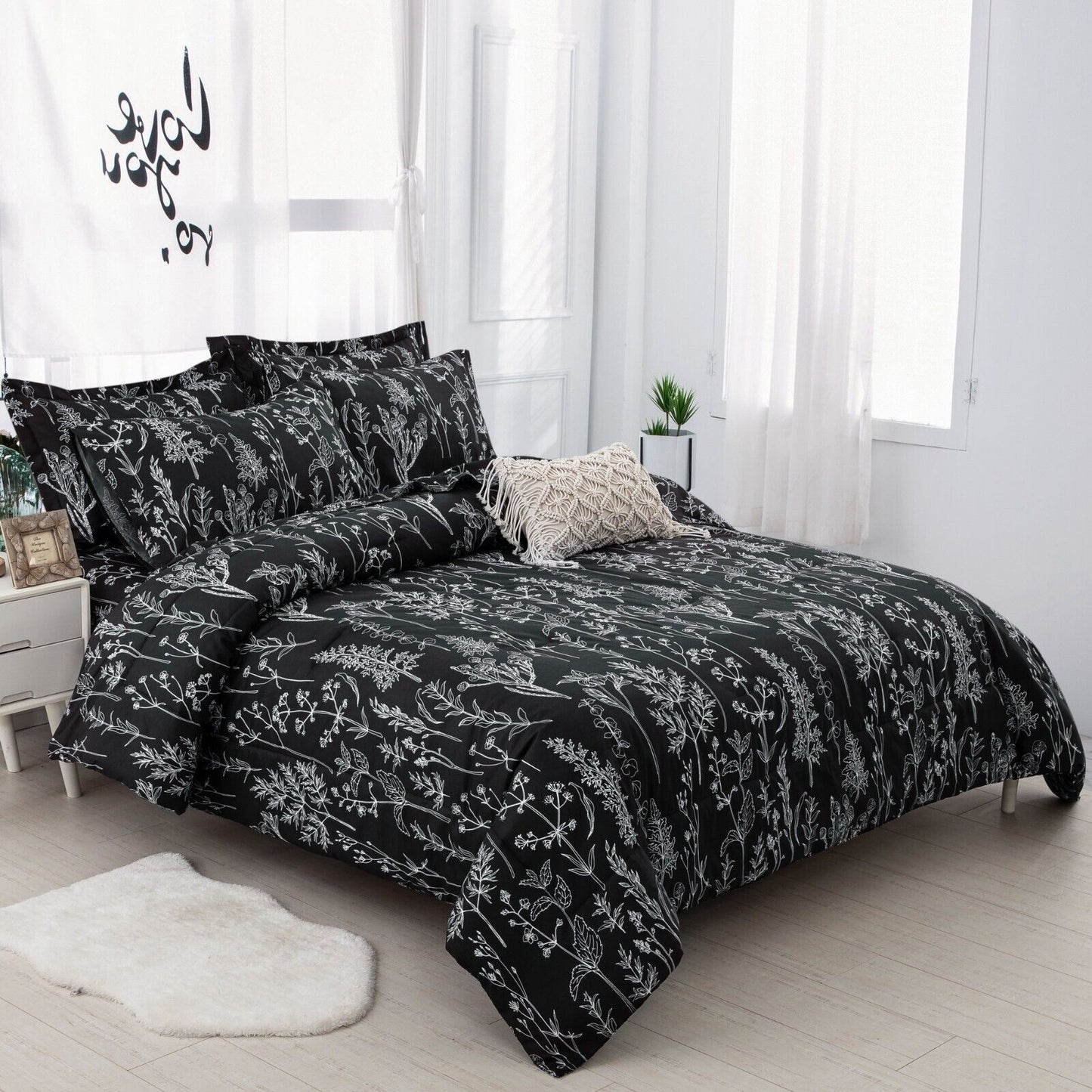 Comforter Set Floral Leaves King Size Microfiber Quilted Bedding with Pillowcase