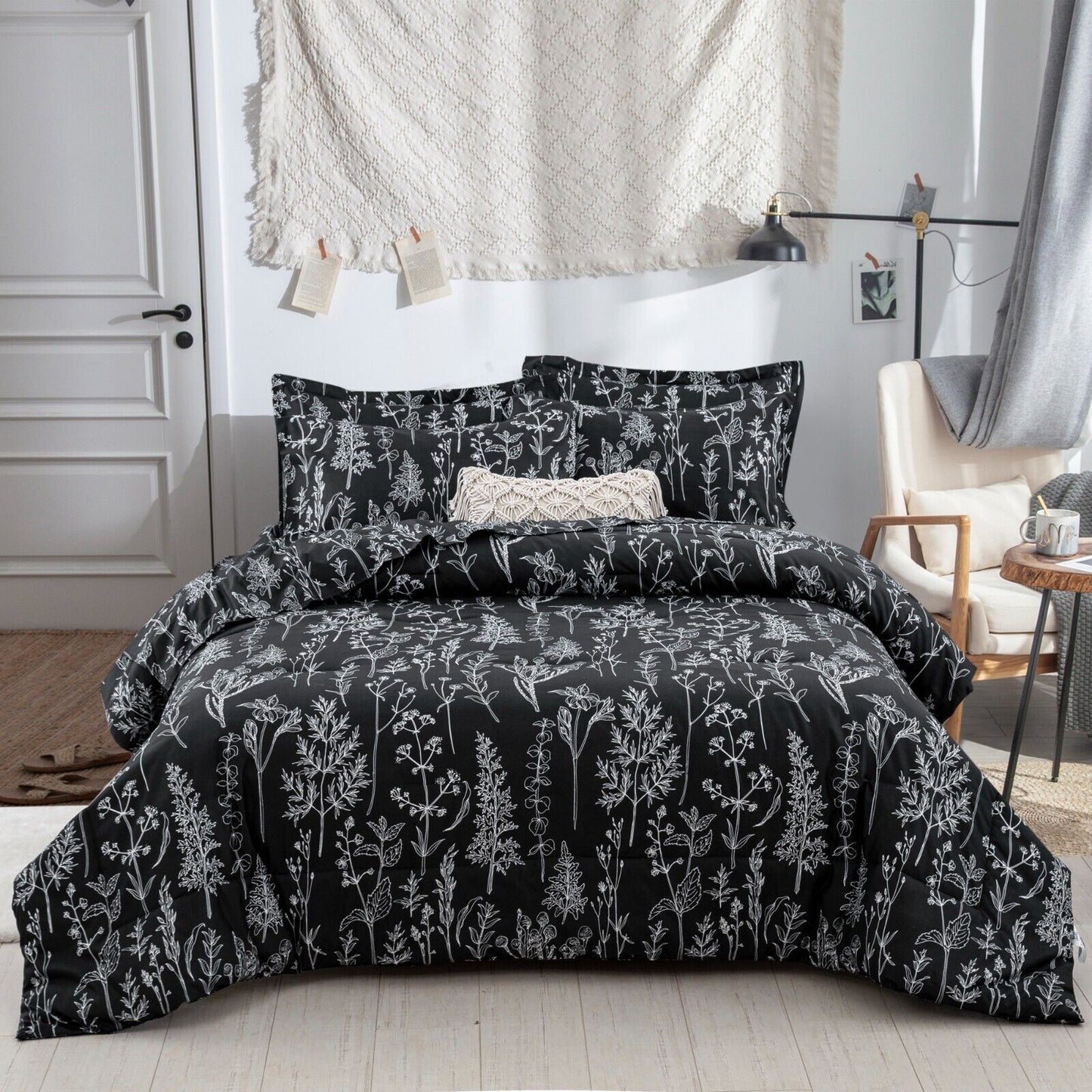 Comforter Set Floral Leaves King Size Microfiber Quilted Bedding with Pillowcase