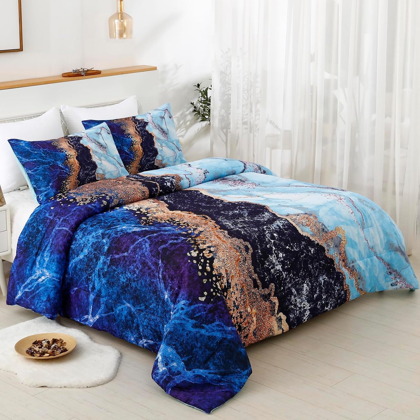 Comforter Set Blue Marble King Size Retro Watercolor 3-Piece Bedding Collection