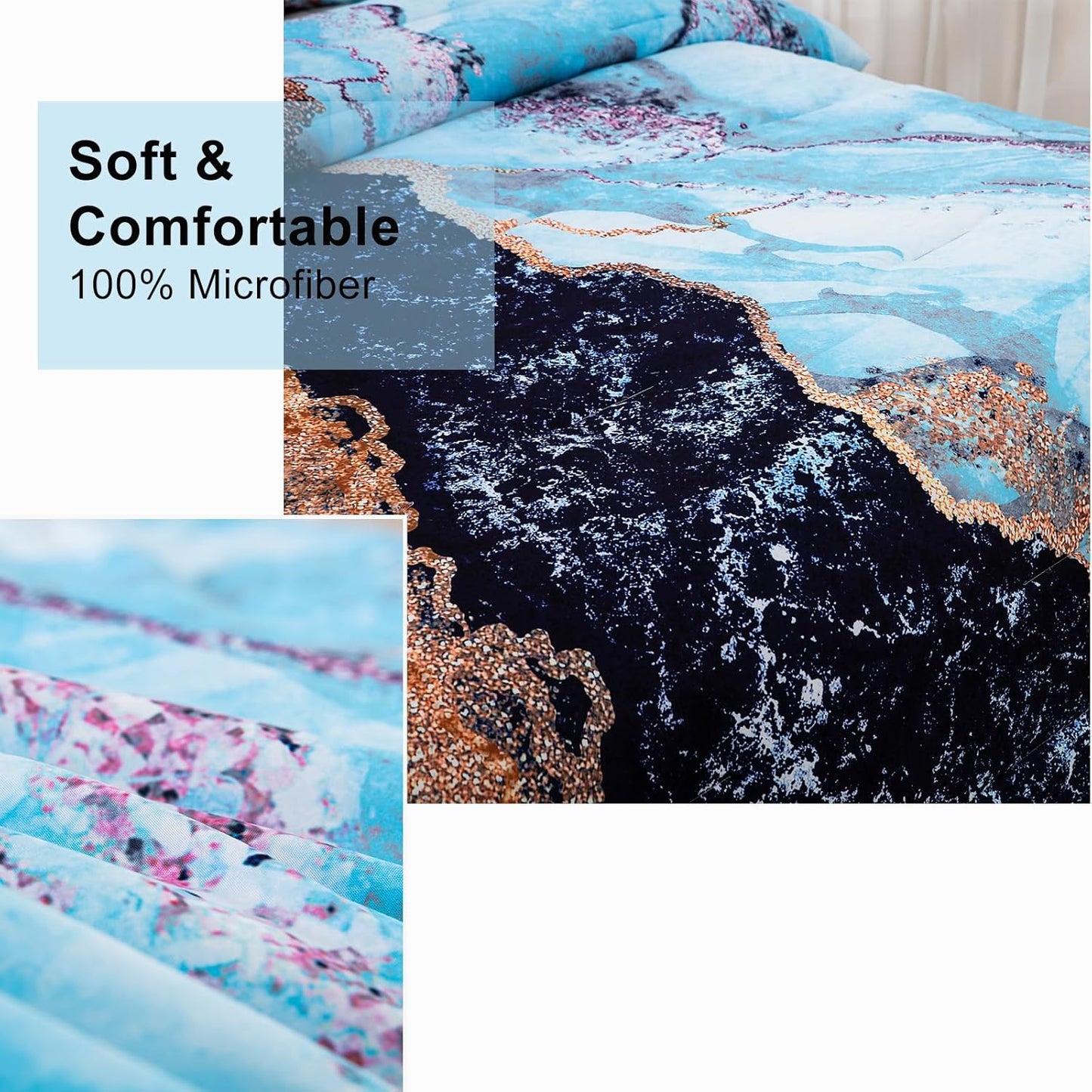 Comforter Set Blue Marble King Size Retro Watercolor 3-Piece Bedding Collection