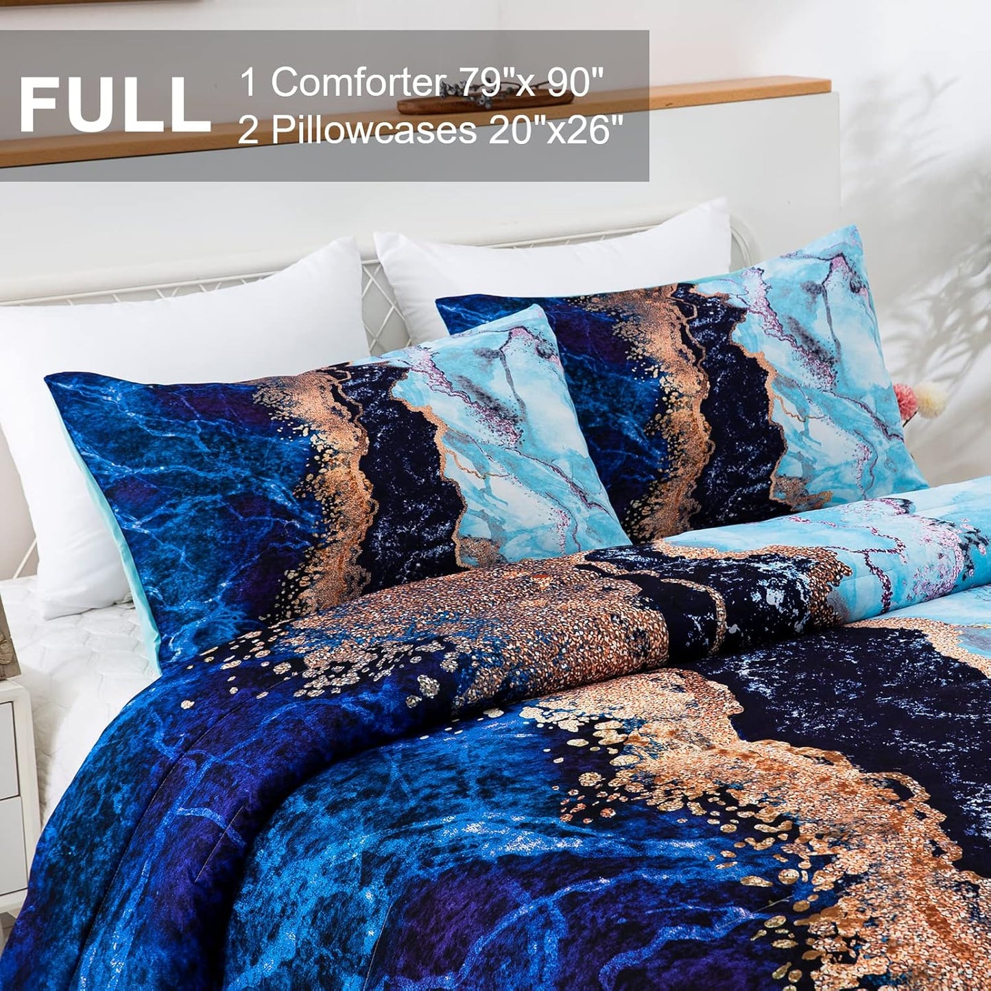 Comforter Set Blue Marble King Size Retro Watercolor 3-Piece Bedding Collection