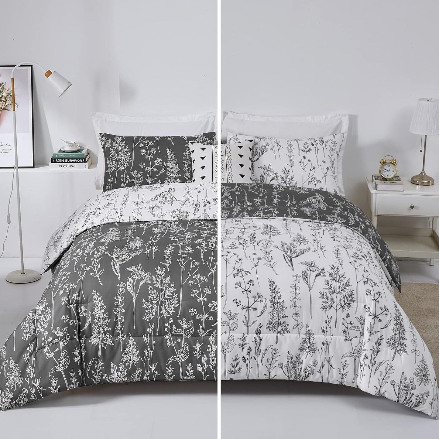 Comforter Set Floral King Size Black White Floral Pattern Reversible Bedding