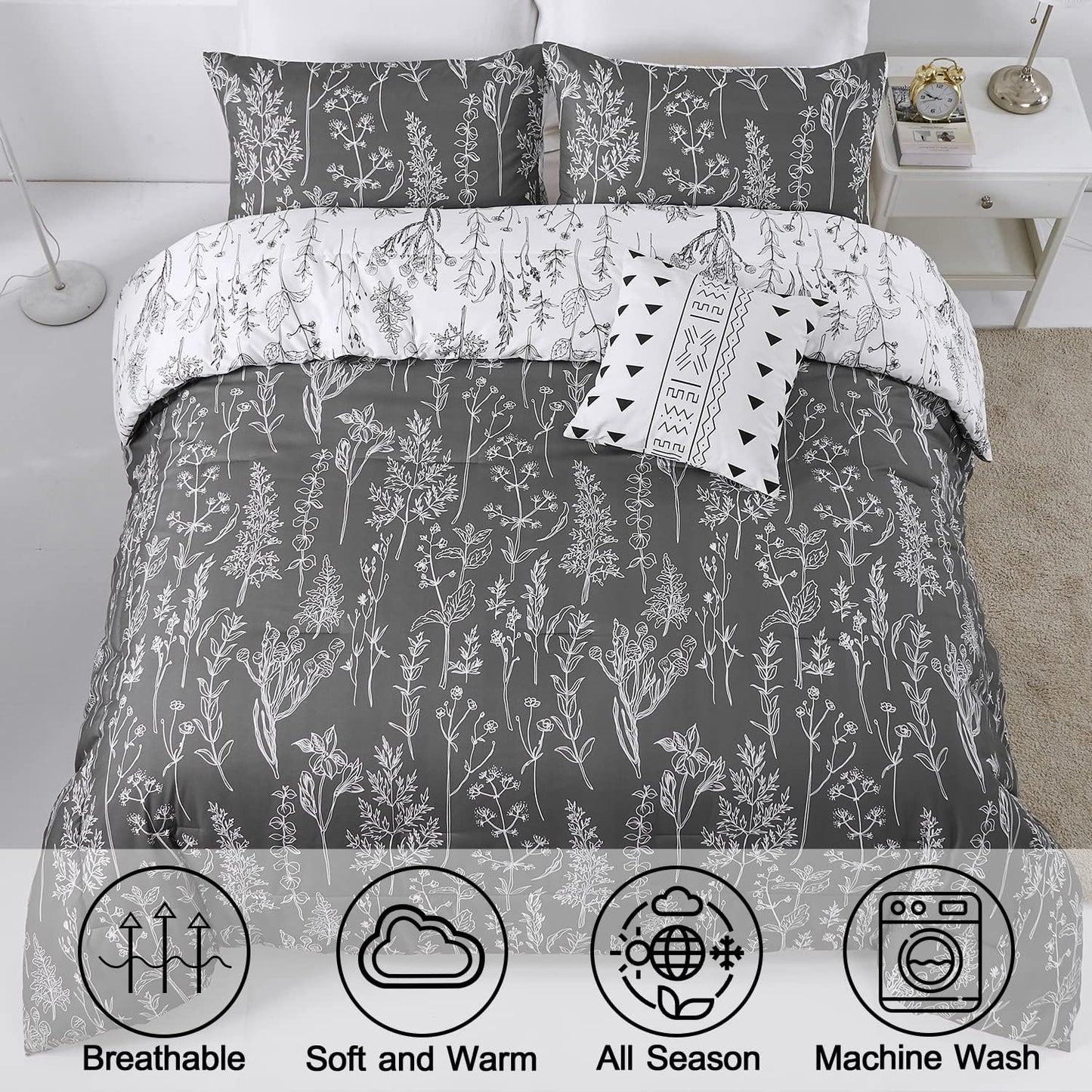 Comforter Set Floral King Size Black White Floral Pattern Reversible Bedding