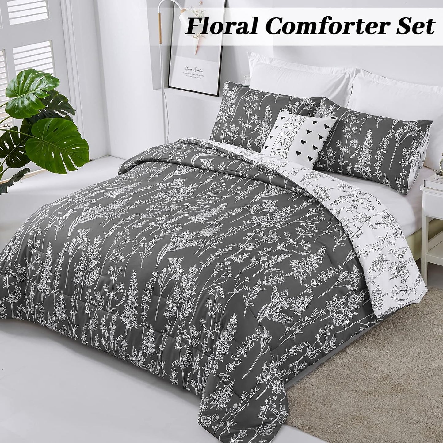 Comforter Set Floral King Size Black White Floral Pattern Reversible Bedding