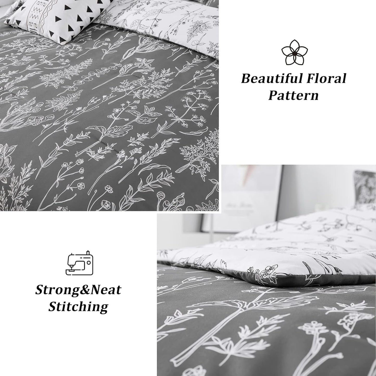 Comforter Set Floral King Size Black White Floral Pattern Reversible Bedding