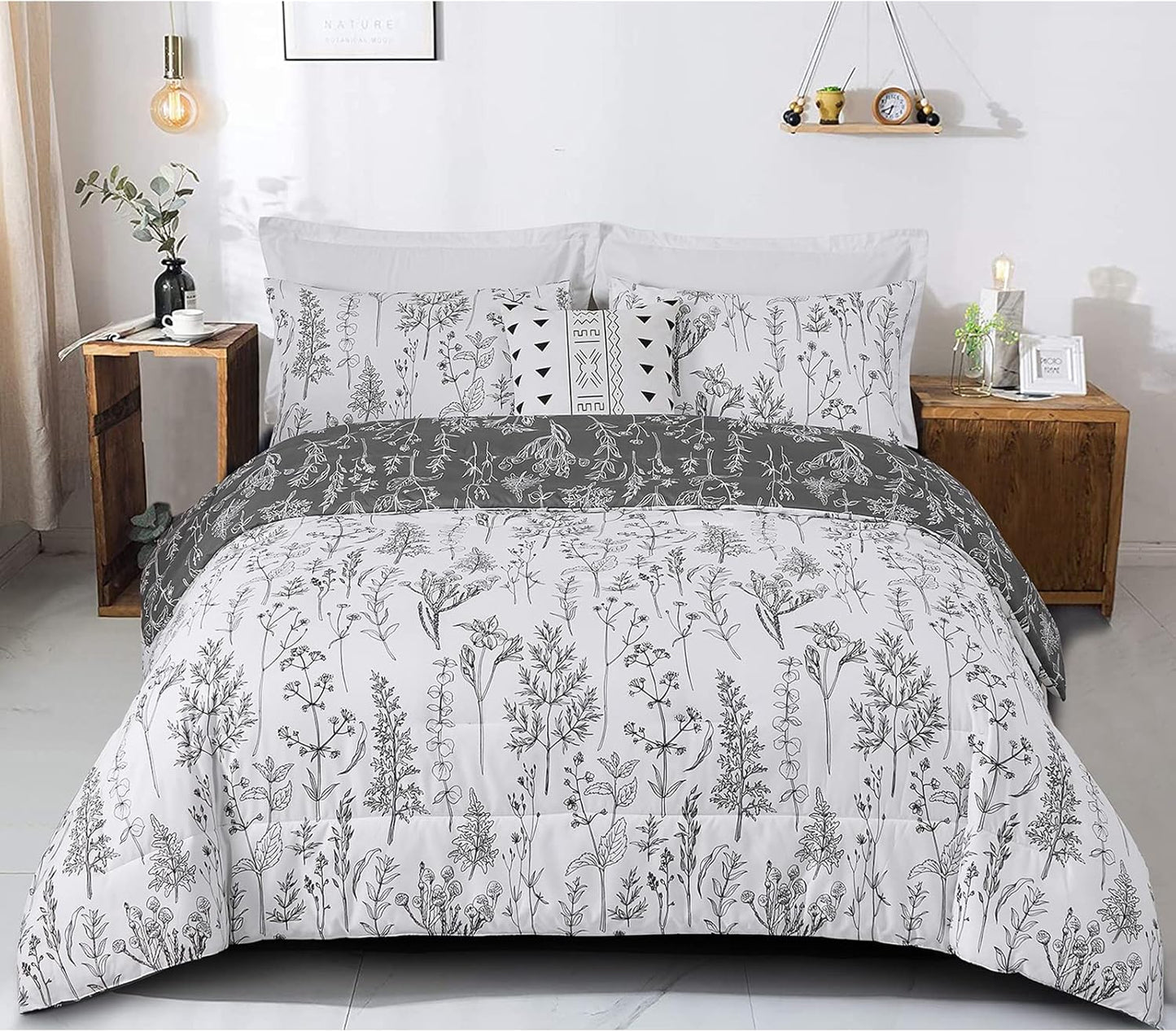 Comforter Set Floral King Size Black White Floral Pattern Reversible Bedding