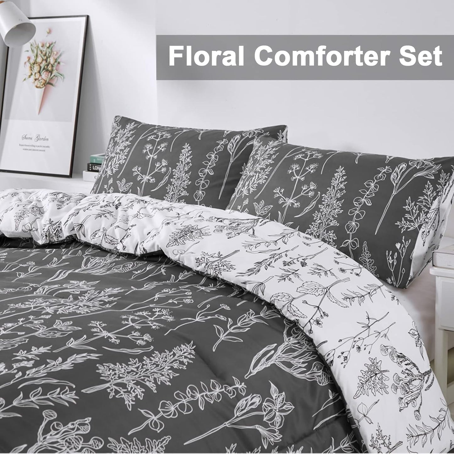 Floral Comforter Set, King Size, Black White Floral Pattern Reversible Bedding