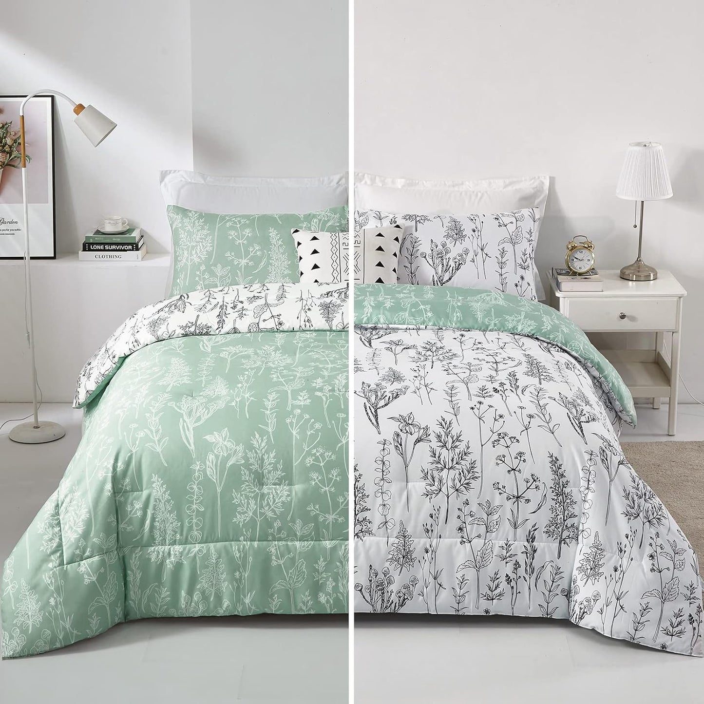 Comforter Set Floral King Size Green White Floral Pattern Reversible Bedding