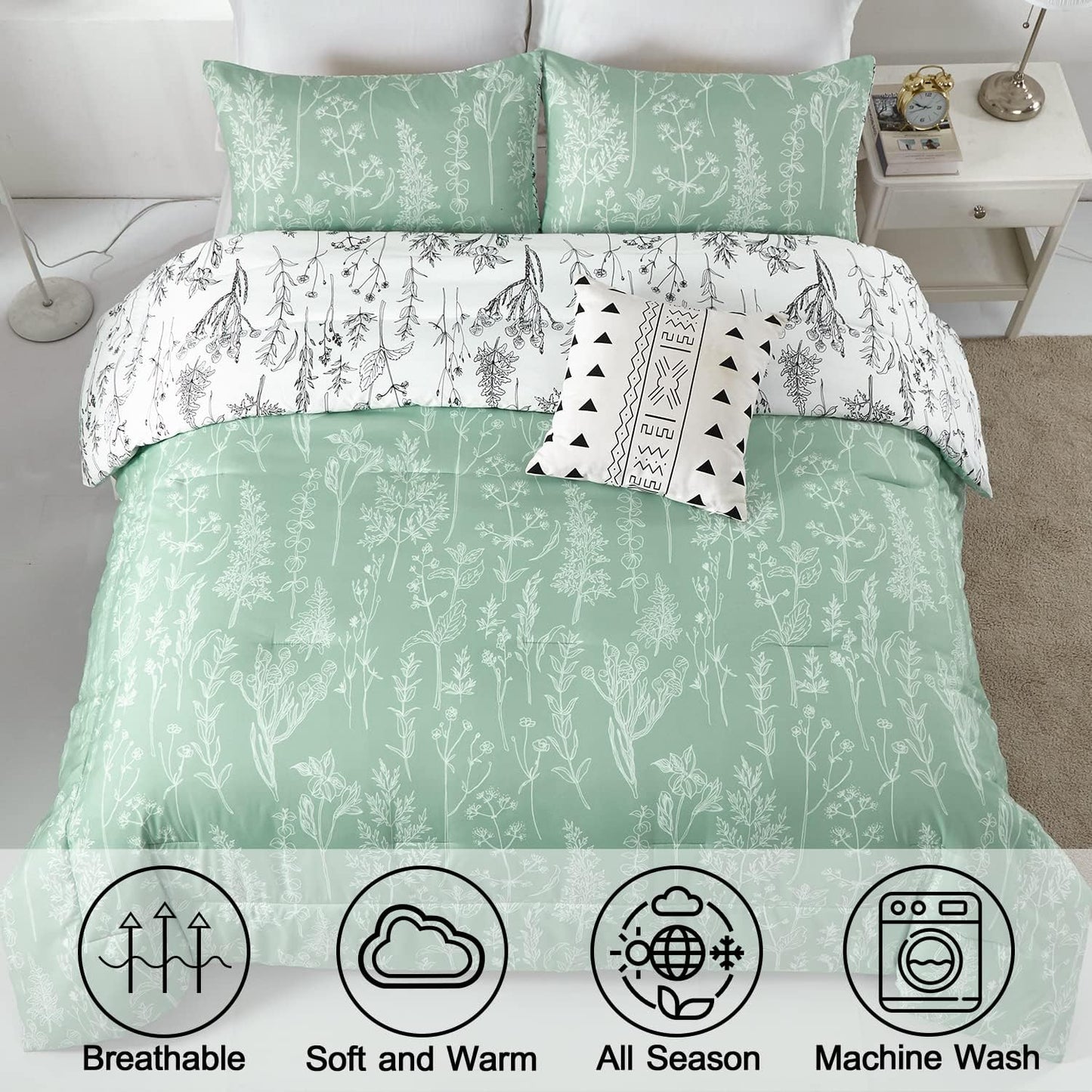 Comforter Set Floral King Size Green White Floral Pattern Reversible Bedding